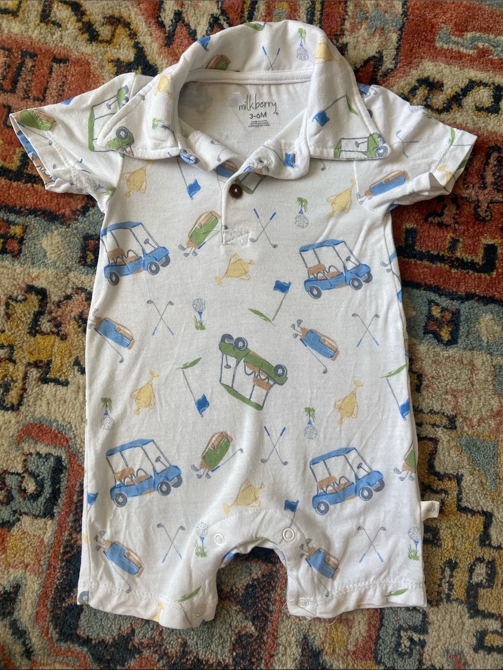 Milkberry Baby Golf Cart Polo Romper - White with Blue & Green Print